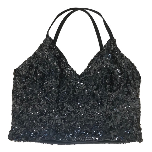 Black Sequin Crop Top SZ S - Picture 2 of 9